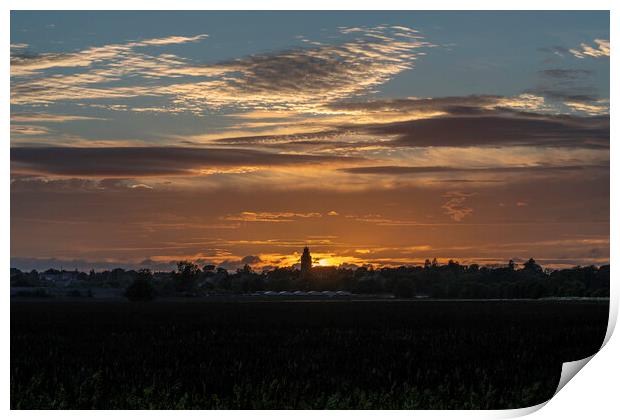 Sunset behind St Andrew's church, Sutton-in-the-Isle, Cambridges Print by Andrew Sharpe