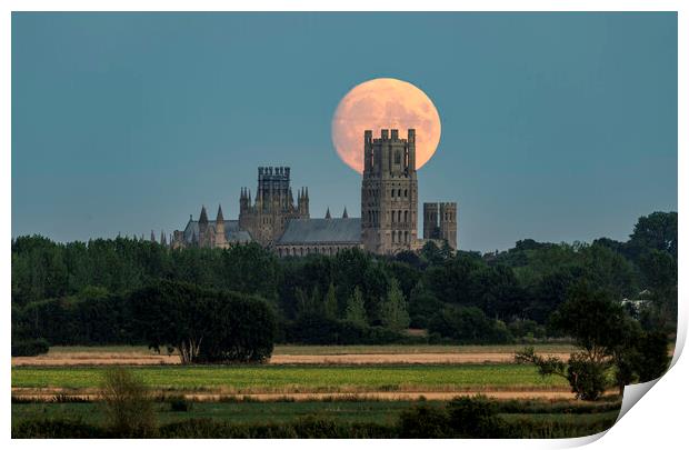 Moon rise behind Ely Cathedral, 10th August 2022 Print by Andrew Sharpe