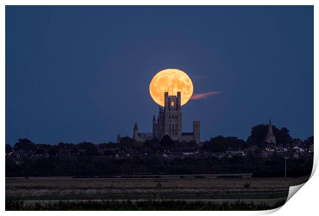 Harvest Moon rising behind Ely Cathedral, Cambridg Print by Andrew Sharpe
