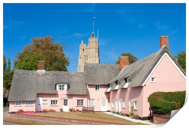 The pink cottages, in front of St Mary's Church, C Print by Andrew Sharpe