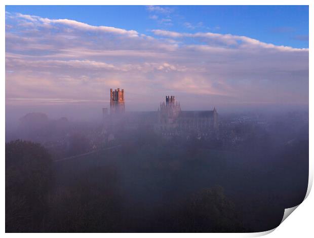 Dawn over a misty Ely Cathedral, 5th November 2020 Print by Andrew Sharpe