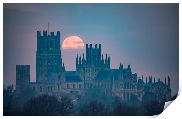Moonset behind Ely Cathedral, 30th December 2020 Print by Andrew Sharpe