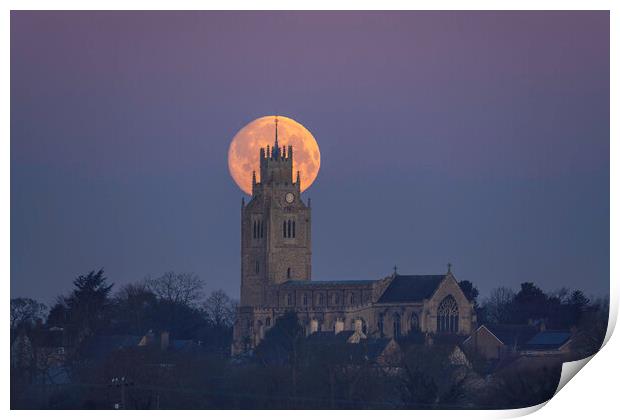Snow Moon (or Hunger Moon) setting behind St Andrew's Church, Su Print by Andrew Sharpe