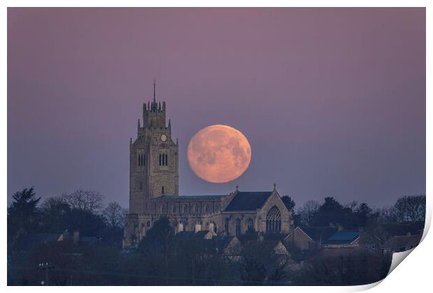 Snow Moon (or Hunger Moon) setting behind St Andrew's Church, Su Print by Andrew Sharpe