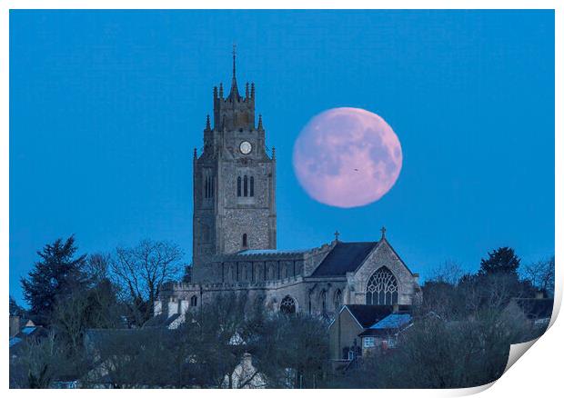 Moonset behind St Andrew's Church, Sutton-in-the-Isle, Cambridge Print by Andrew Sharpe