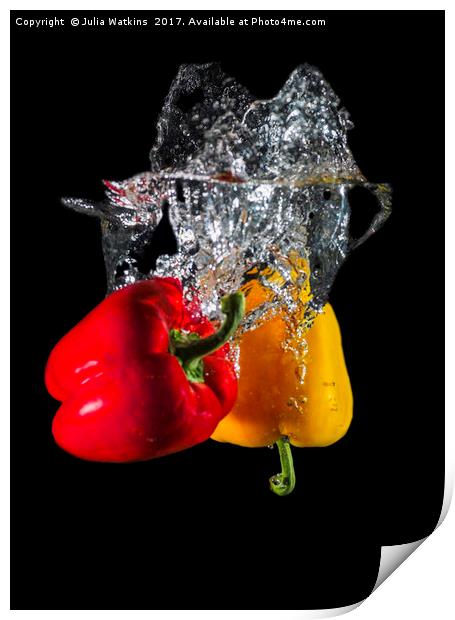 Red and Yellow pepper dropped in Water  Print by Julia Watkins