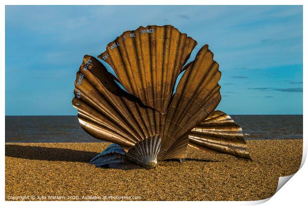 large shell sculpture at Aldburgh beach Print by Julia Watkins