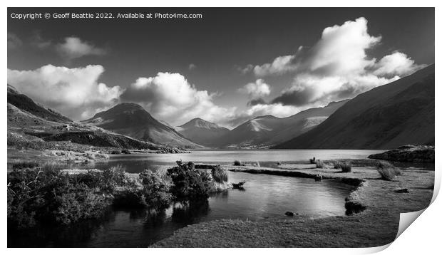Wastwater. fluffy clouds, black and white Print by Geoff Beattie