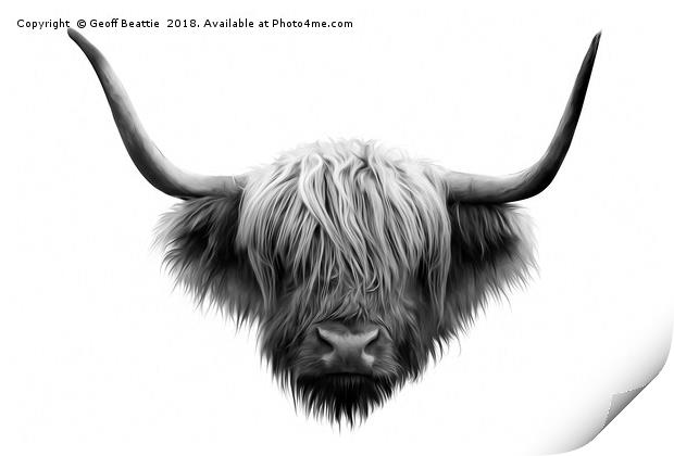 Highland cow cattle black and white abstract art Print by Geoff Beattie