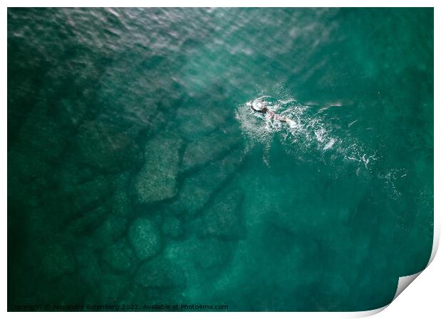 Top down aerial view of unidentifiable male open water swimming in turquoise water. Captured in Cascais, Portugal Print by Alexandre Rotenberg