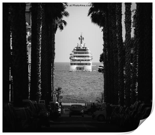 Palm tree and luxury yacht Print by Alexandre Rotenberg