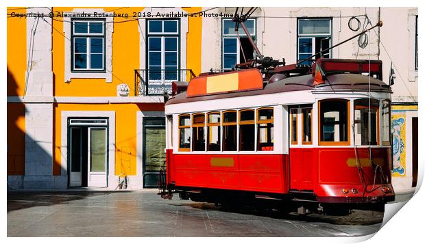 Vintage red and white tram on the street of Lisbon Print by Alexandre Rotenberg