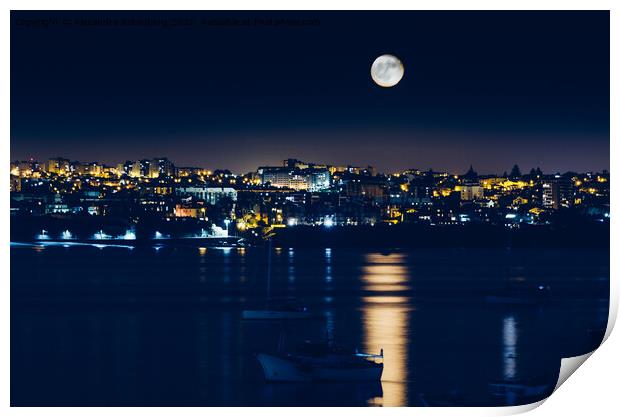 Night view of Cascais, Portugal with full moon reflecting on water and fishing boats Print by Alexandre Rotenberg