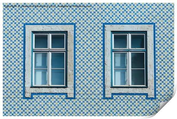 Lisbon windows with typical portuguese tiles on the wall Print by Alexandre Rotenberg