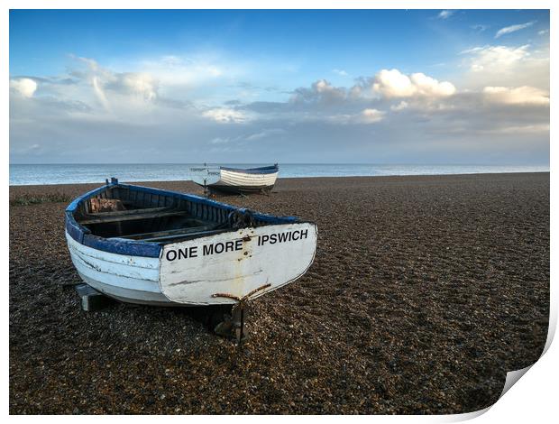 Two boats on shingle, Aldburgh Print by Donnie Canning