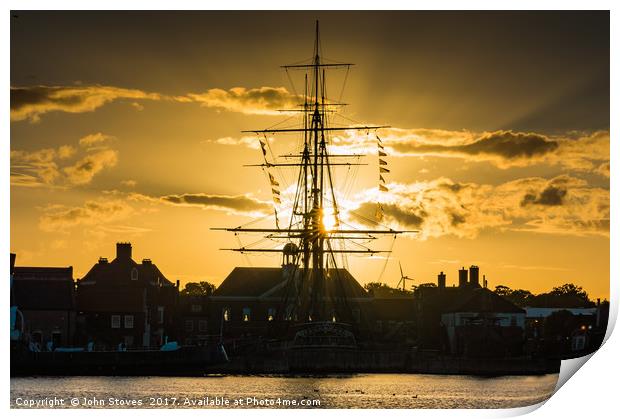 Magnificent sunset view of HMS Trincomalee at Hart Print by John Stoves