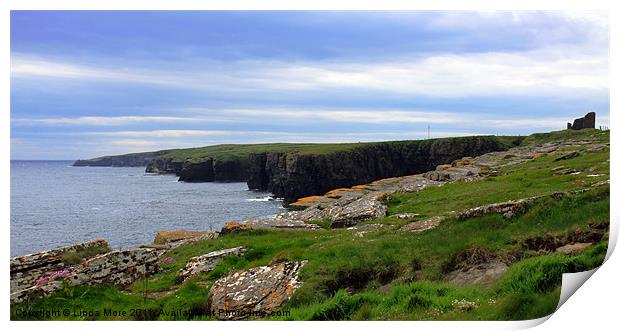 Coastline, and castle, Caithness, North Scotland Print by Linda More