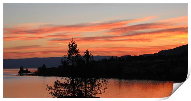 Sunset, Lake Geneva, Montreaux, Switzerland Print by Linda More