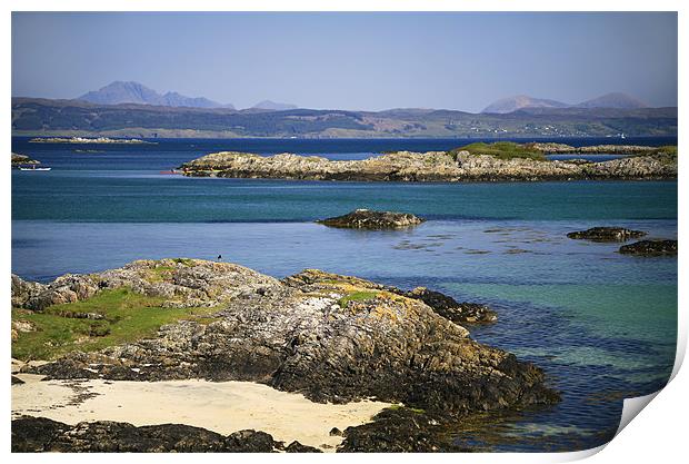 Rocky beach, Skye backdrop, West Scotland Print by Linda More