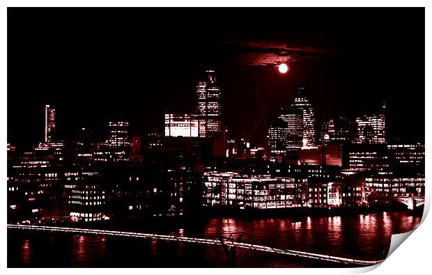 London by night with full moon Print by Linda More