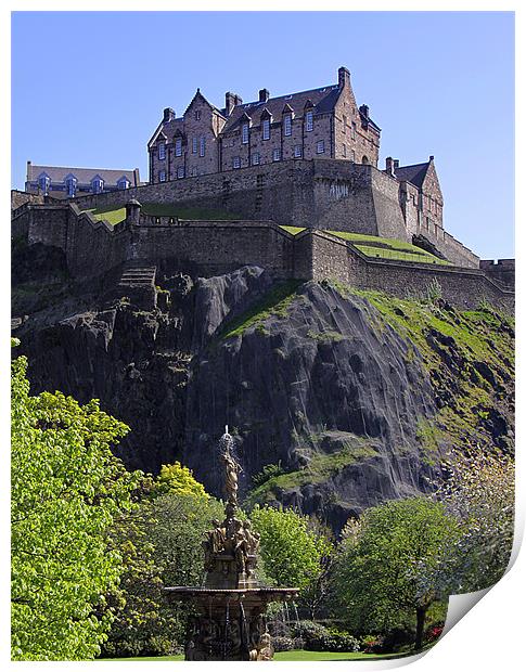 Edinburgh Castle and the Ross fountain, Scotland Print by Linda More