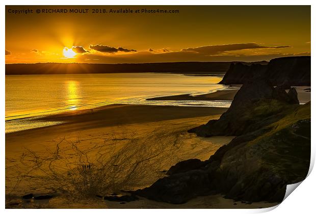 Sunset At Three Cliffs Bay Gower Print by RICHARD MOULT