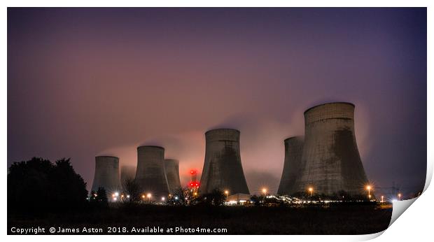 Night shot of Ratcliffe On Sour Power Station Print by James Aston