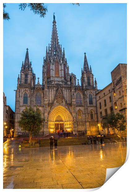 Barcelona Cathedral at night and in the rain Print by Andrew Michael