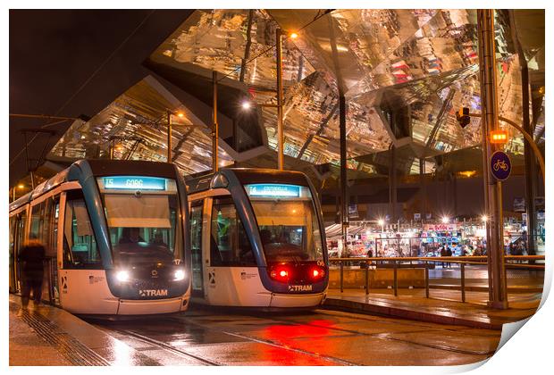 Barcelona trams at night Print by Andrew Michael