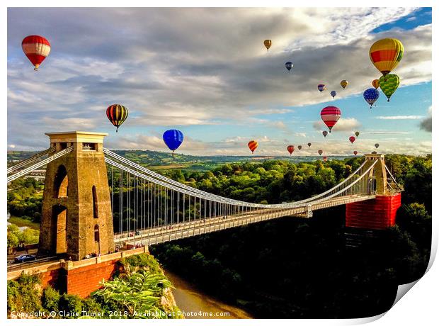 Hot air balloons over Clifton suspension bridge Print by Claire Turner