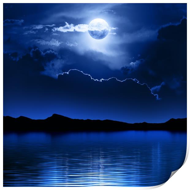Fantasy Moon and Clouds over water Print by Johan Swanepoel