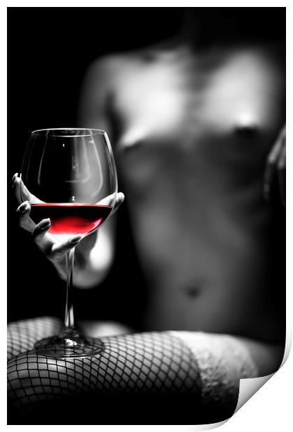 Nude woman red wine Print by Johan Swanepoel