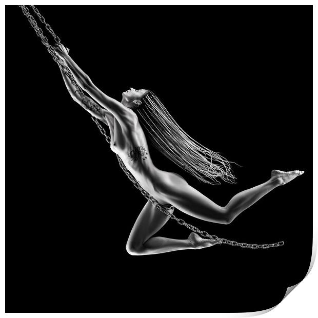 Nude woman swinging on chains Print by Johan Swanepoel
