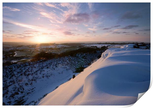 Pilsdon Pen Snowy Sunset Print by David Neighbour