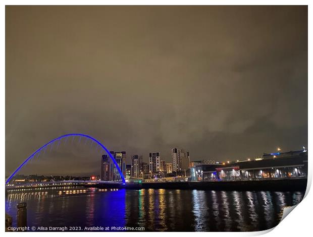 Blue light Millenium Bridge at night, Gateshead  Print by Ailsa Darragh