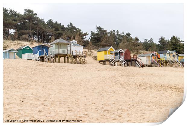 Coloured beach huts on the sand dunes Print by Clive Wells