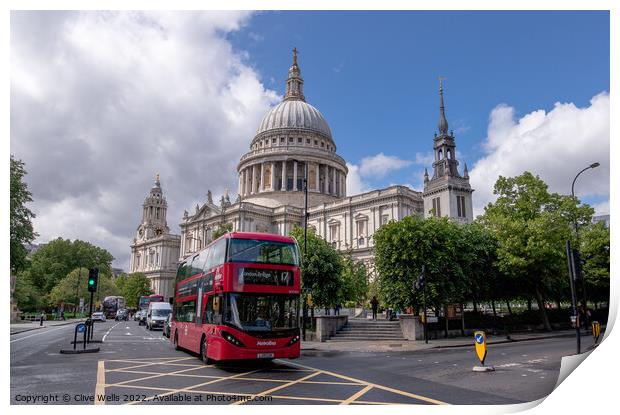 Red bus at St.Paul`s. Print by Clive Wells