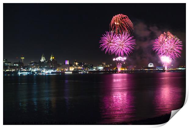 Fireworks over Liverpool waterfront Print by Clive Wells