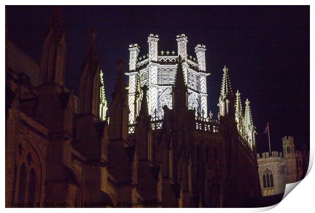 Octagon Tower of Ely Catherdral at night Print by Clive Wells