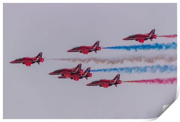 Red Arrows with coloured smoke on at Duxford Print by Clive Wells