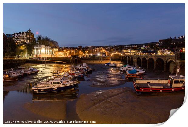 Inner harbour at night at Folkestone, Kent Print by Clive Wells
