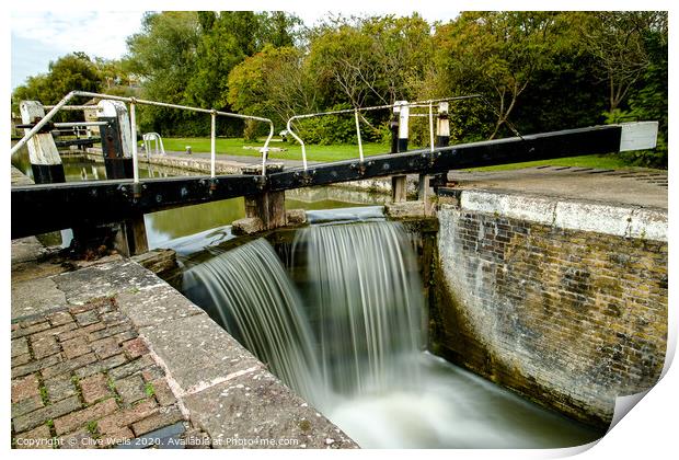 Overflowing lock gates at Stoke Brurne. Print by Clive Wells