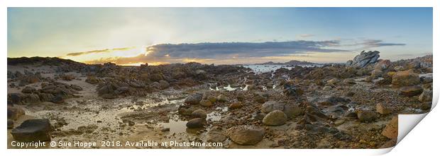 sunrise over rocky shoreline Print by Sue Hoppe