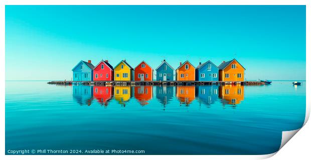 Tranquil seascape featuring a floating island of colourful house Print by Phill Thornton