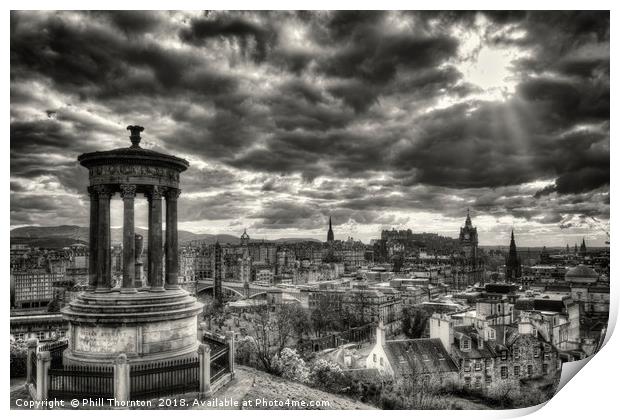 The Edinburgh skyline, and Dugald Stewart Monument Print by Phill Thornton
