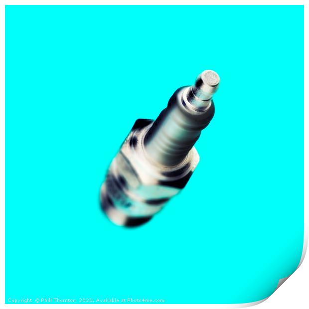 Abstract view of a spark plug on light blue Print by Phill Thornton