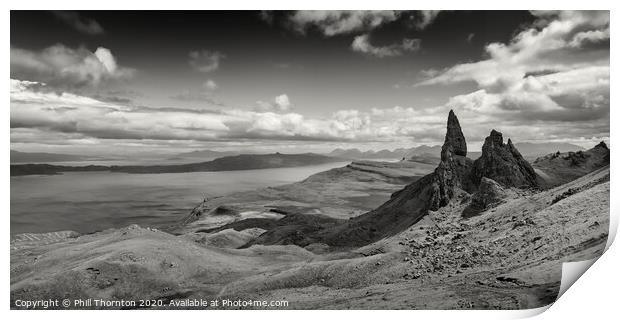Panoramic view of the Old Man of Storr. B&W. Print by Phill Thornton