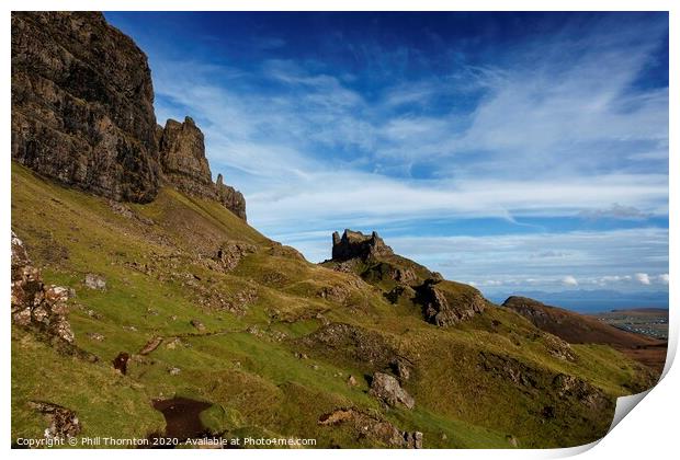 Blue skies over the Quiraing cliffs, Skye. Print by Phill Thornton