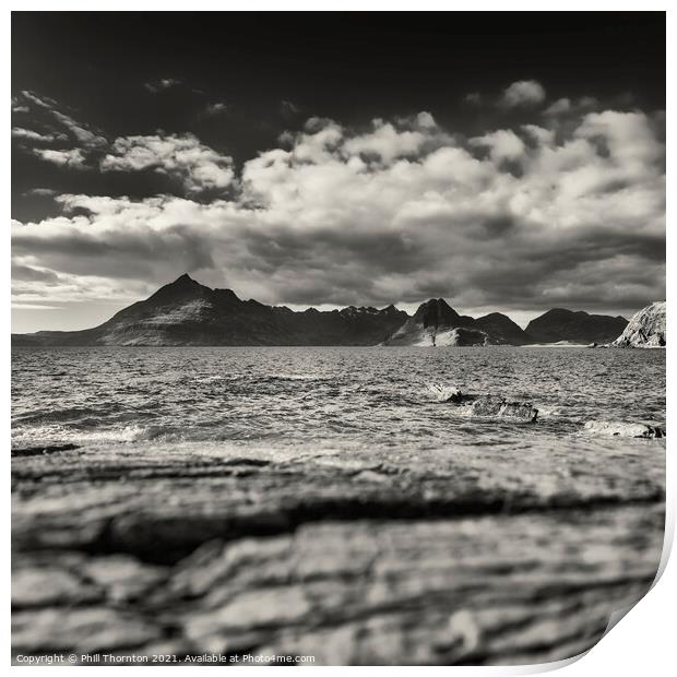 Black Cuillins and blue seas from Elgol Beach. B&W Print by Phill Thornton