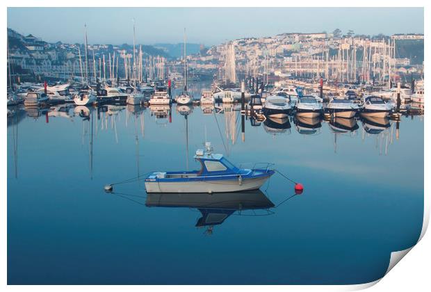 Sunrise over boats moored in Brixham harbour Print by Steve Mantell